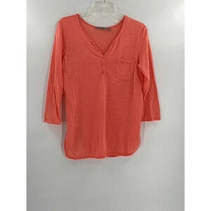 Athleta Newport Henley 3/4 Sleeve Linen Coral Top Womens Size Small
